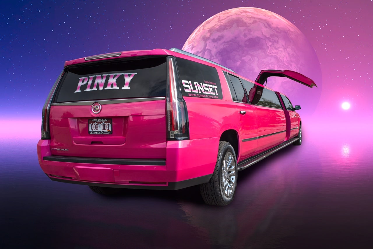 Pinky limo with the gull-wing door open. The background is a pink space with the moon.