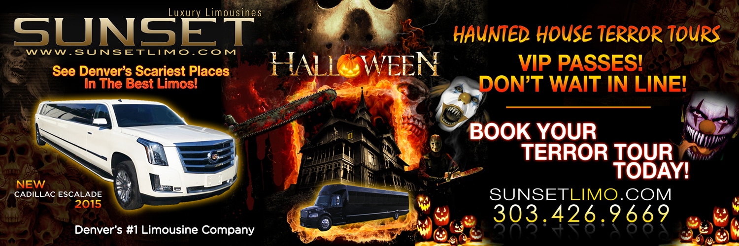 Halloween banner filled with scary images, houses, clowns, and limos.
