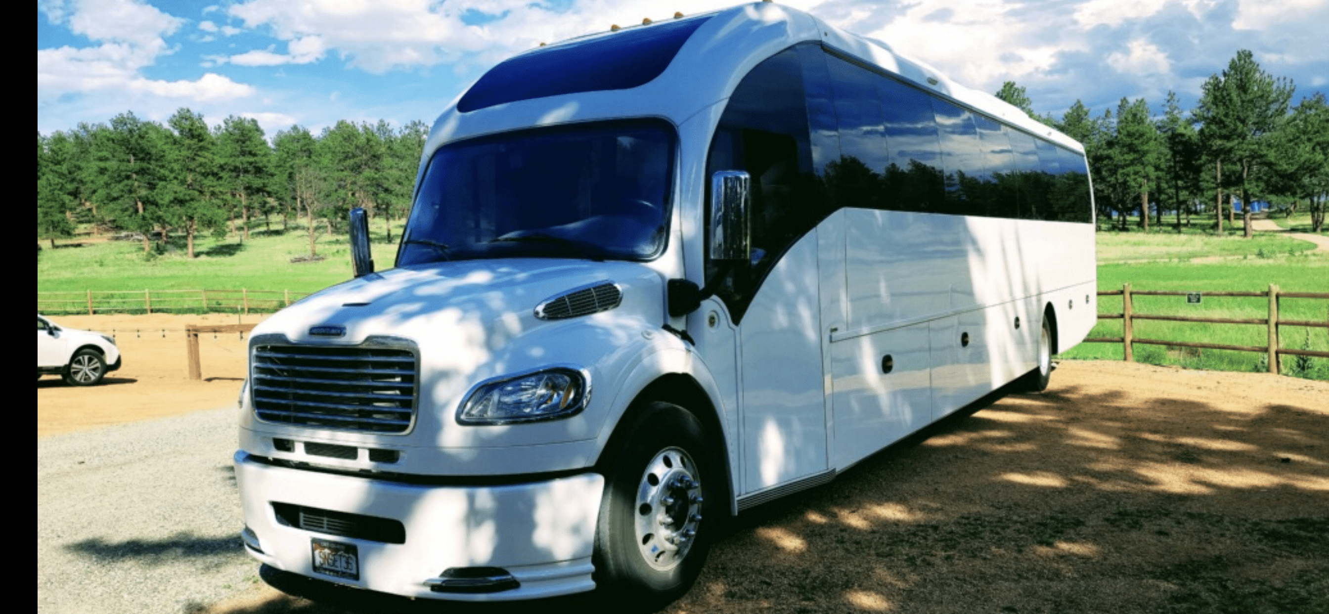 A white party bus with tinted windows